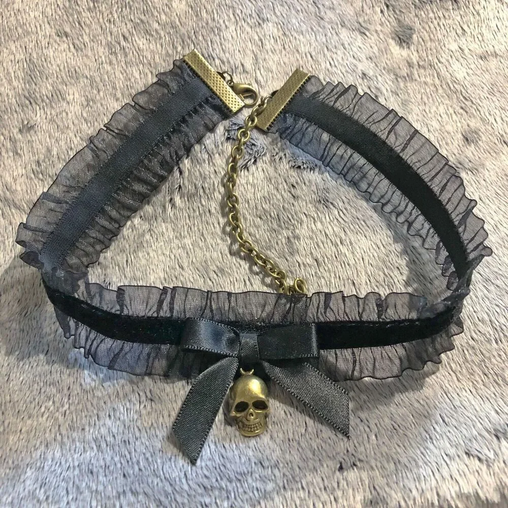 Gothic Black Skull Choker Antique Bronze 3D Charm Stretch Velvet Ribbon Necklace